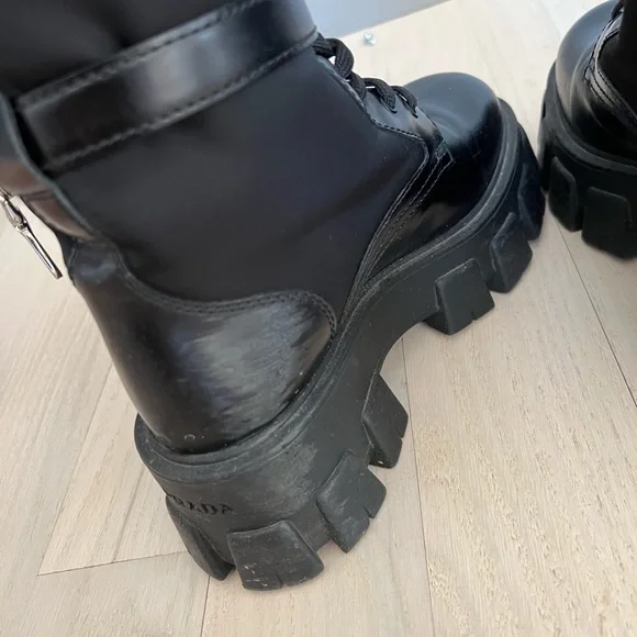 PRADA monolith leather and nylon biker boots with shearling lining black size 35 - Picture 3 of 8